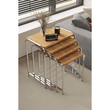 Home Plus Mobilya Defne 4' Lü Zigon Sehpa Gümüş Ayak Atlantik Çam 18 mm Mdf