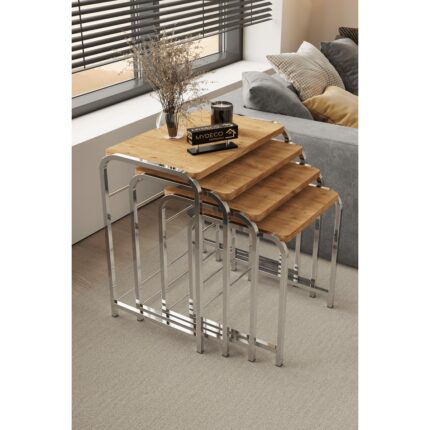Home Plus Mobilya Defne 4' Lü Zigon Sehpa Gümüş Ayak Atlantik Çam 18 mm Mdf - Görsel 2