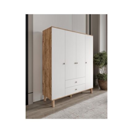 Afilli Bergama 4 Kapaklı Gardrop 2 Çekmeceli MDF Beyaz Renk Modern Tasarım - Görsel 2