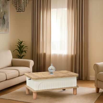 Neva Mobilya Lidya Akıllı Sehpa Atlantik Çam Krem 4 Fonksiyonlu Açılır Mekanizmalı 90x39x60 Cm