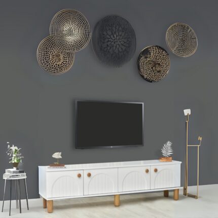 Neva Mobilya Lidya Beyaz Klasik Tv Sehpası 4 Kapaklı Kavisli Kapak Detaylı Düz Yüzeyli Tasarım 180x36x50 Cm