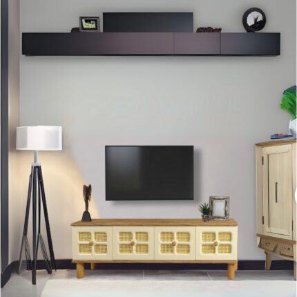 Neva Mobilya Hasırlı Tv Sehpası Atlantik Çam Krem 3 Kapaklı Hasır Desenli Doğal Görünümlü 160x36x50 Cm