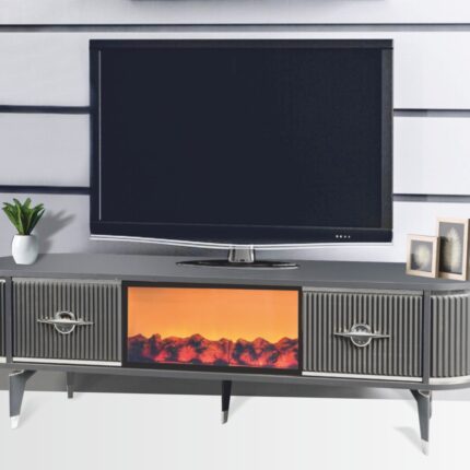 Neva Mobilya Maya Şömineli Tv Sehpası Antrasit Gümüş Oval 2 Kapaklı 1 Çekmeceli Metalik Detaylı 180x40x53 Cm - Görsel 3