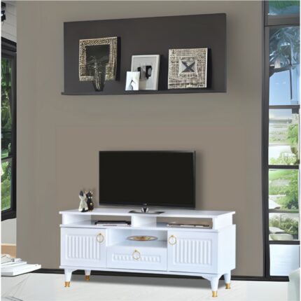 Neva Mobilya Pera Tv  Sehpası 2 Kapaklı Raflı Üst Panel Beyaz Gold Detaylı 130x59x36 Cm