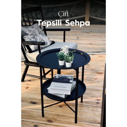 He Dizayn Aksesuar Çift Tepsili Sehpa – İki Katlı Metal Yan Sehpa Dekoratif Servis Standı