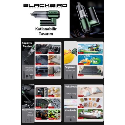 Blackbird Game Center MK-5802 16000PA Katlanabilir Kablosuz Araç Süpürgesi | 3 Kademeli Güç | Şarjlı El Süpürgesi - Görsel 4