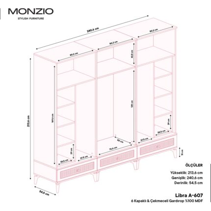 Monzio Libra 6 Kapaklı Çekmeceli Gardırop Tamamı Mdf (Beyaz) - Görsel 4