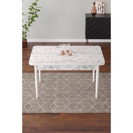 Shoovvel Vera 70X110 Mdf Beyaz Mermer Desen Ahşap Ayaklı Sabit Üst Kalite Mutfak Masası, Yemek Masası, Salon Masası