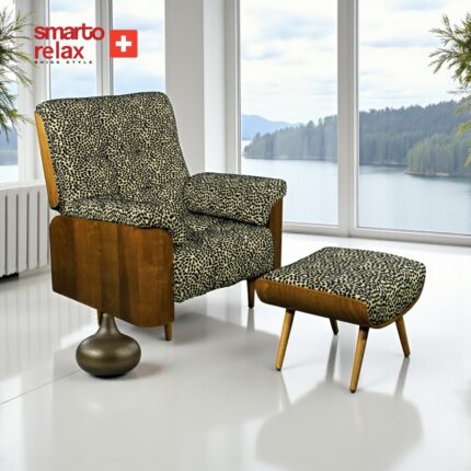 Smarto Relax TV Koltuğu Berjer – Napoli Serisi (Berjer + Puf), Sabit Mekanizmasız, Ergonomik Tasarım, Kadife/Şönil Kumaş, Doğal Ahşap Arka Panel, Dekoratif Tekli Koltuk (Salon/Oturma Odası)