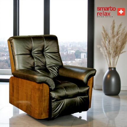 Smarto Relax TV Koltuğu (Siyah) – Miami Serisi, Elektrikli Masaj & Isıtma, Hız/Timer Ayarlı, USB + Kablosuz Şarj, Bluetooth Hoparlör, Deri, Doğal Ahşap Panel, Kontrol Paneli, Ergonomik Baba Koltuğu