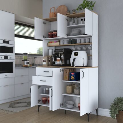 Rani JE212 Kahve Köşesi Çok Amaçlı Dolap 8 Kapaklı 2 Çekmeceli Raflı Kiler Mutfak Dolabı Beyaz - Sepet Ceviz - Görsel 3