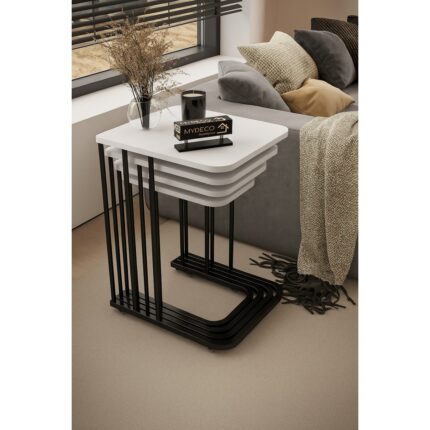 Home Plus Mobilya 4'lü Tekerlekli Zigon Sehpa Siyah Ayak Beyaz 18 mm Mdf - Görsel 2