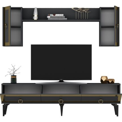 Cantek Dizayn Ponnyct 180 cm Tv Ünitesi Takımı Antrasit Altın - Görsel 2