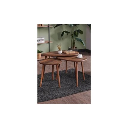Kagu MDF Alvin Zigon Orta Sehpa Seti Ahşap Oval Tasarım Kahverengi 3'lü 80x60 cm