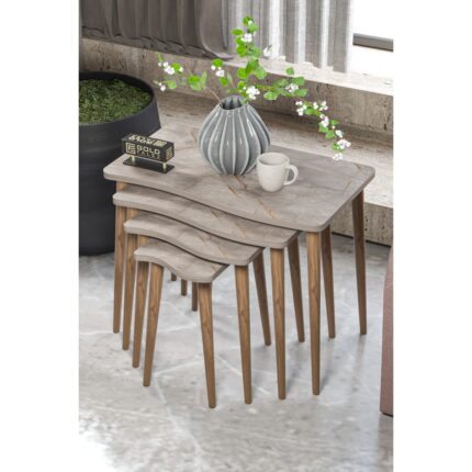 Gold Falez Zigon Sehpa Ahşap 4'lü Modern Tasarım Kare Üst Yüzey Safir Meşe 49 cm - Görsel 3