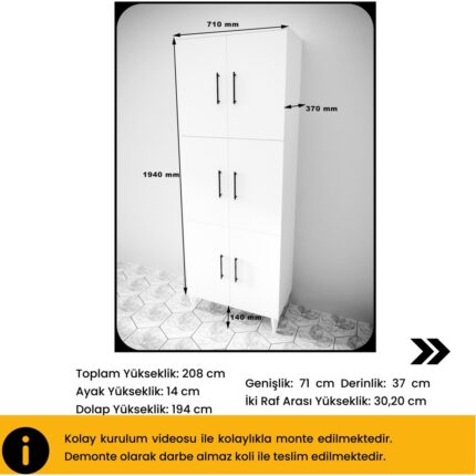 B3 Concept B3CONCEPT Geniş Hacimli 6 Kapaklı 6 Raflı Çok Amaçlı - Kolay Kurulum - Mutfak Balkon Banyo Erzak Kiler Dolabı - Görsel 5