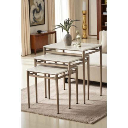 Fursimo Damrin Serisi Traverten Desen 1. Sınıf Mebran Mdf 3’lü Zigon Sehpa Takımı - Bronz Ayak