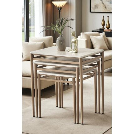 Fursimo Damrin Serisi Traverten Desen 1. Sınıf Mebran Mdf 3’lü Zigon Sehpa Takımı - Bronz Ayak - Görsel 4