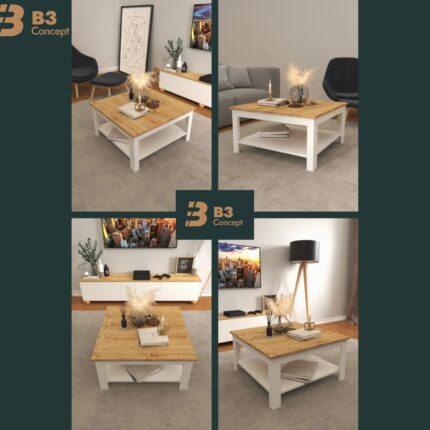 B3 Concept B3CONCEPT Nort Serisi Modern Dekoratif Raflı Kare Salon Orta Sehpa Safir Meşe Beyaz - Görsel 2