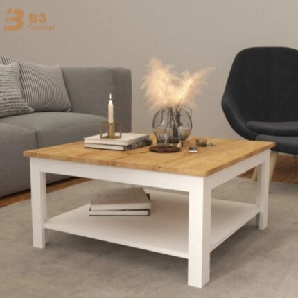 B3 Concept B3CONCEPT Nort Serisi Modern Dekoratif Raflı Kare Salon Orta Sehpa Safir Meşe Beyaz - Görsel 4
