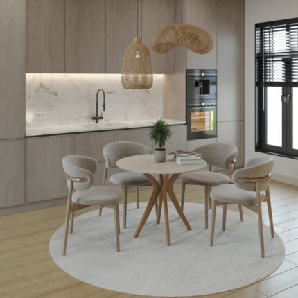 Plasmob 90X90CM Yuvarlak Masa Traverten-Ceviz Mutfak Masası-Balkon Masası Pera Model