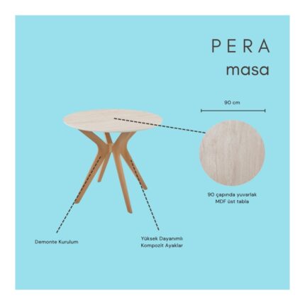 Plasmob 90X90CM Yuvarlak Masa Traverten-Ceviz Mutfak Masası-Balkon Masası Pera Model - Görsel 4