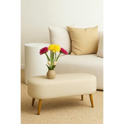 Woodymaison Rustika  Teddy Kumaş Puf Bench Koltuk Tabure 34 x 90 x 42 cm Ahşap Ayak Metal Bağlantı