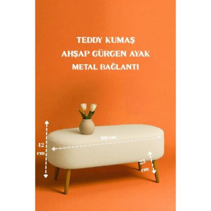 Woodymaison Rustika  Teddy Kumaş Puf Bench Koltuk Tabure 34 x 90 x 42 cm Ahşap Ayak Metal Bağlantı - Görsel 2