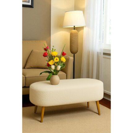 Woodymaison Rustika  Teddy Kumaş Puf Bench Koltuk Tabure 34 x 90 x 42 cm Ahşap Ayak Metal Bağlantı - Görsel 4