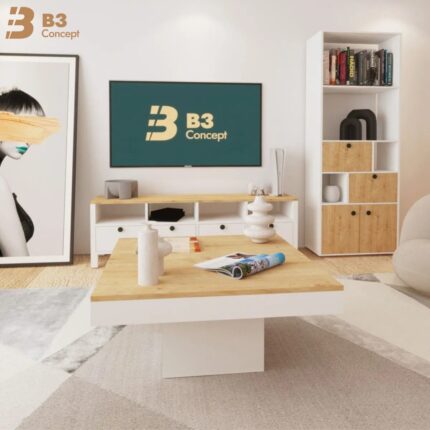 B3 Concept Nort Iı Serisi Modern Dekoratif Kare Salon Orta Sehpa Safir Meşe & Beyaz - Görsel 4