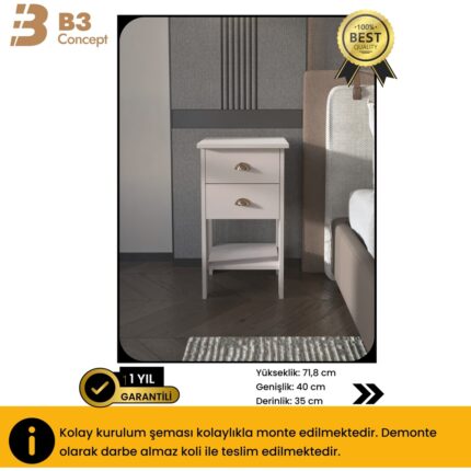 B3 Conceptretro Serisi Özel Tasarım Yatak Yanı - Kolay Kurulum - Çift Çekmeceli Komodin Kumtaşı - Görsel 5