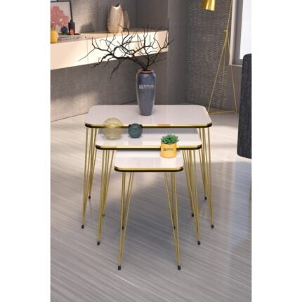 Gold Falez Metal Ayaklı Zigon Sehpa Seti Siyah Yüzey Gold Kenar 37x60x55 cm Minimalist - Görsel 4