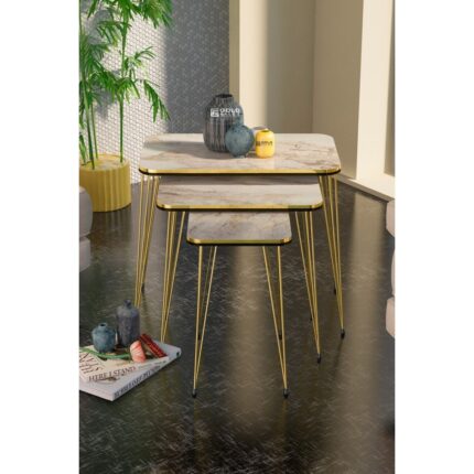 Gold Falez Metal Ayaklı Mermer Desenli 3'lü Zigon Sehpa Seti 37x60 cm Minimalist Tasarım - Görsel 4