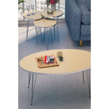 Gold Falez Gold Plated Orta ve Zigon Sehpa Seti Suntalam Üstlü Metal Ayaklı Gümüş Krem 90x50x42 cm Modern Tasarım - Görsel 5