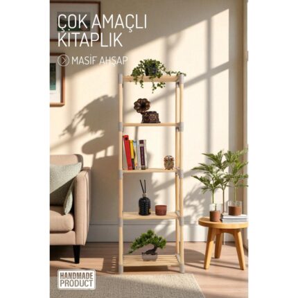 Nandy Home 5 Katlı Geniş Kullanım Kitaplık, Kitap Düzenleyici, Çok Amaçlı Masif Ahşap Raf