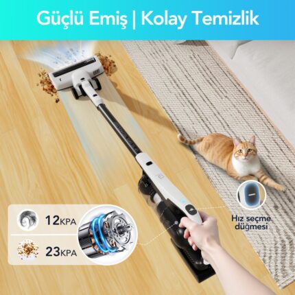 Greenote GSC70 Kablosuz Dikey Süpürge, 23 kpa Emiş Güçlü, Hafif, 2.5L Toz Torbalı ve Kendi Kendini Boşaltan Sistem,Şarjlı Süpürge - Görsel 3
