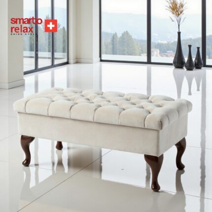 Smarto Relax  Swiss Style Puf Mürren Ayaklı Kapitoneli Sandikli Dekoratif 100x100x45 cm puf Ayaklı Kapitoneli Dekoratif puf(Ekru)