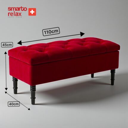 Smarto Relax Swiss Style Puf Saanen Kapitone Puf,baby face Polyester Kaplama,Ahşap Ayaklı Sandikli Dekoratif 110x40x45 cm puf(Kırmızı) - Görsel 3