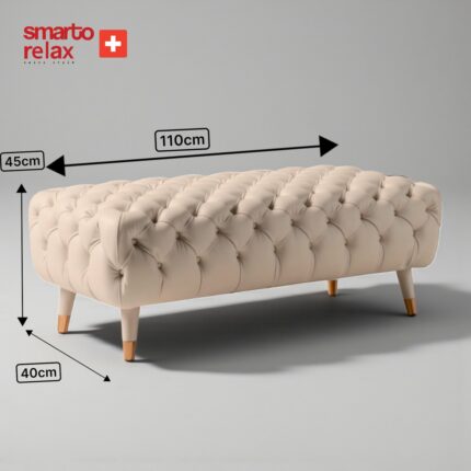 Smarto Relax Swiss Style Puf Adelboden Kapitone Puf,baby face Polyester Kaplama,Ahşap Ayaklı 110x45x40 cm Kapitone Puf,Ayaklı(Bej) - Görsel 4
