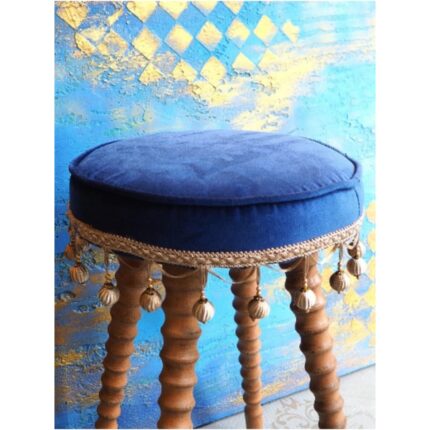 Moza Sanat Dekoratif Mavi  Kadife Kumaşlı Ahşap Ayaklı  Puf Sehpa