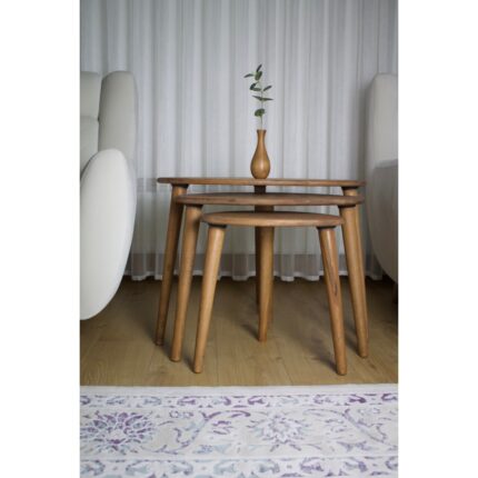 Masif Special Kayın Masif Ahşap 3'lü Zigon Sehpa Seti, Yuvarlak Modern Tasarım, Doğal Ahşap Sehpa Takımı , 3 lü Şamdan Set hediye
