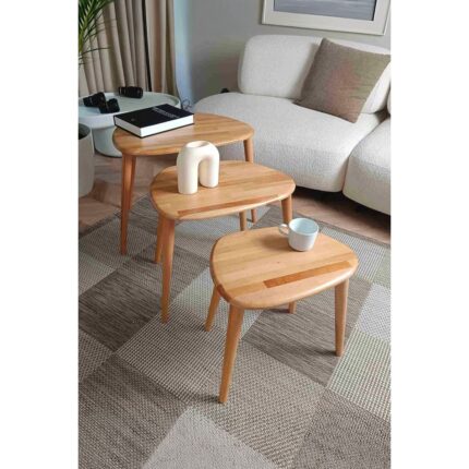 Faw Decor Fawdecor Asimetrik Masif Ahşap Doğal Modern 4 Ayaklı İskandinav Tarzı 3'lü Zigon Sehpa Seti - Görsel 3