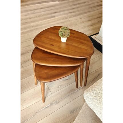 Faw Decor Fawdecor Asimetrik Masif Ahşap Doğal Modern 4 Ayaklı İskandinav Tarzı 3'lü Zigon Sehpa Seti