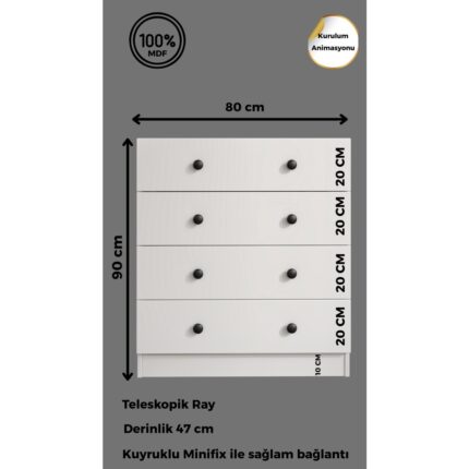 %100 Mdf Moriva 4 Çekmeceli Şifonyer – 90X80X47 cm Kurulum Animasyonu-Teleskopik Ray- 40 cm Çekmece Derinlik - Görsel 2