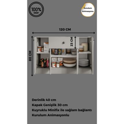 %100 Mdf 4 Kapaklı 1 Çekmeceli Çok Amaçlı Mutfak Dolabı – Kahve Köşesi – Erzak Dolabı (80X120X40 Cm) Moriva Ceviz-Soft Beyaz - Görsel 2