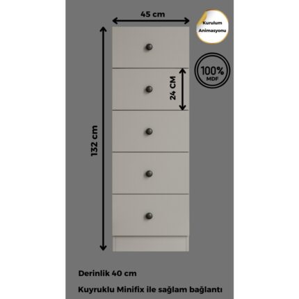 %100 Mdf Moriva  5 Çekmece Şifonyer Soft Beyaz 132 Cm-Animasyonlu - Görsel 2