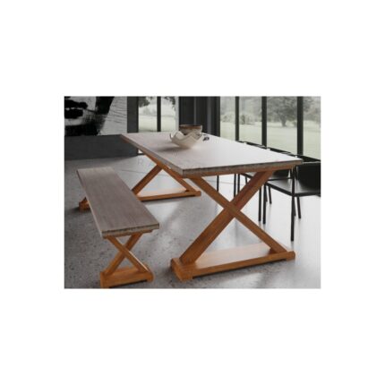 Raweyn Wood Perla Doğal Ahşap Mutfak Masası Takımı – El Işçiliği Beyaz Eskitme & Açık Ceviz (Masa +1 Bank)  6 Kişilik