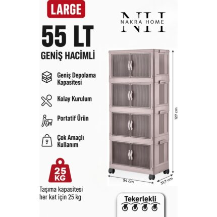 Nakra Home Katlanabilir 4 Katlı Tekerlekli Plastik Dolap – Çok Amaçlı Portatif Organizer (Geniş Hacim)