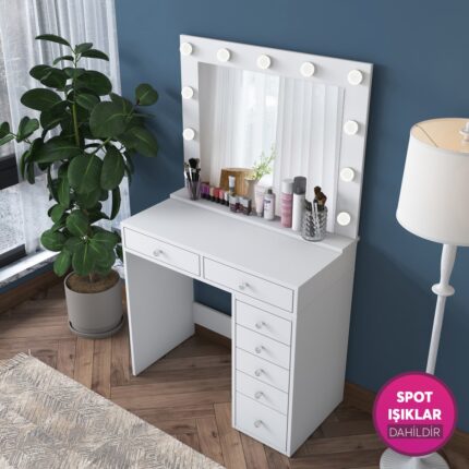 Rani BJ115 Hollywood Işıklı Aynalı Kulis Makyaj Masası 7 Çekmeceli Takı Düzenleyici Beyaz - Görsel 4