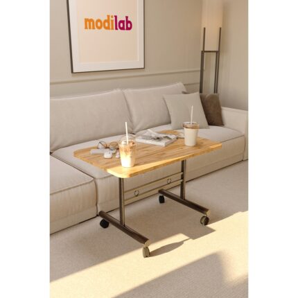Modilab Tekerlekli Orta Sehpa Ahşap Metal Tasarım Çam Traverten Renk Taşınabilir Kullanışlı Dekoratif Modern